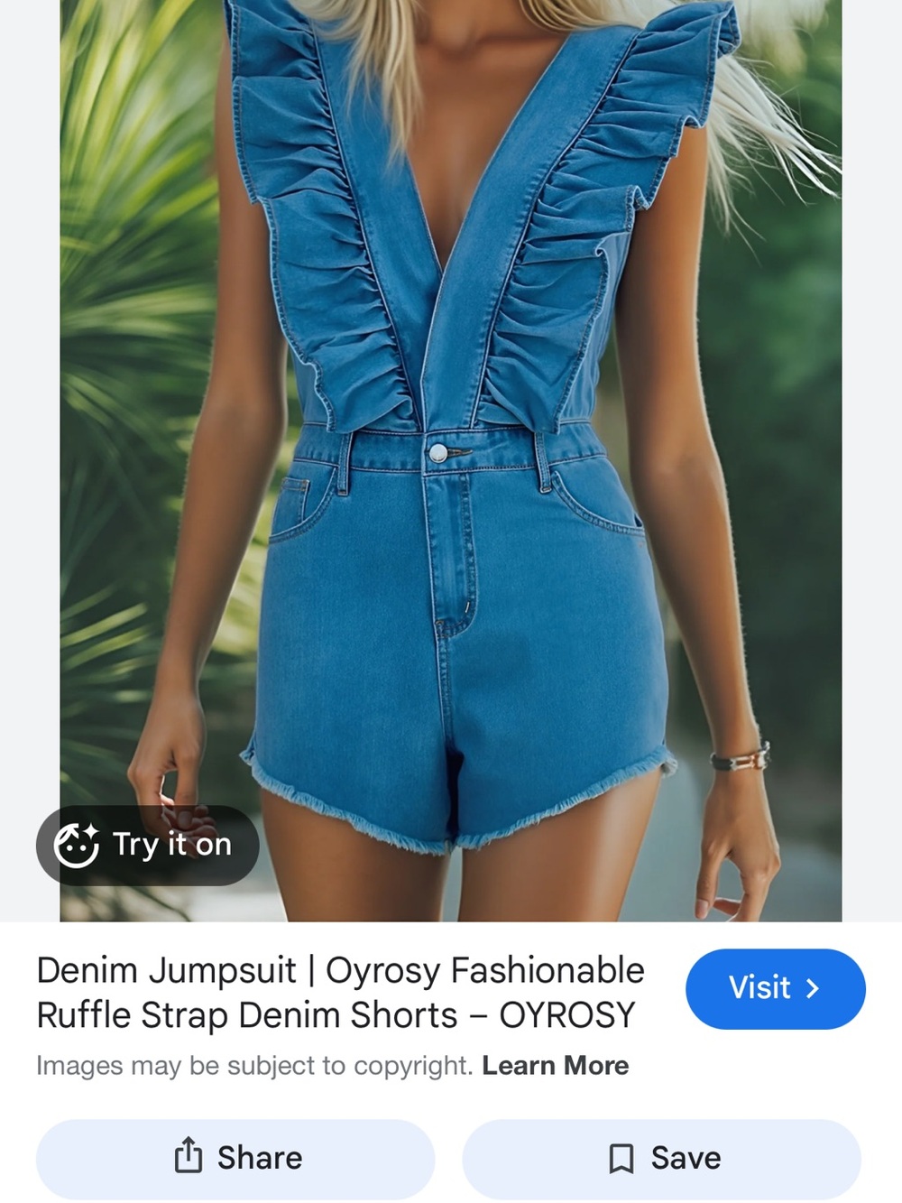 Oyrosy Blue Denim Ruffle-Trim Romper